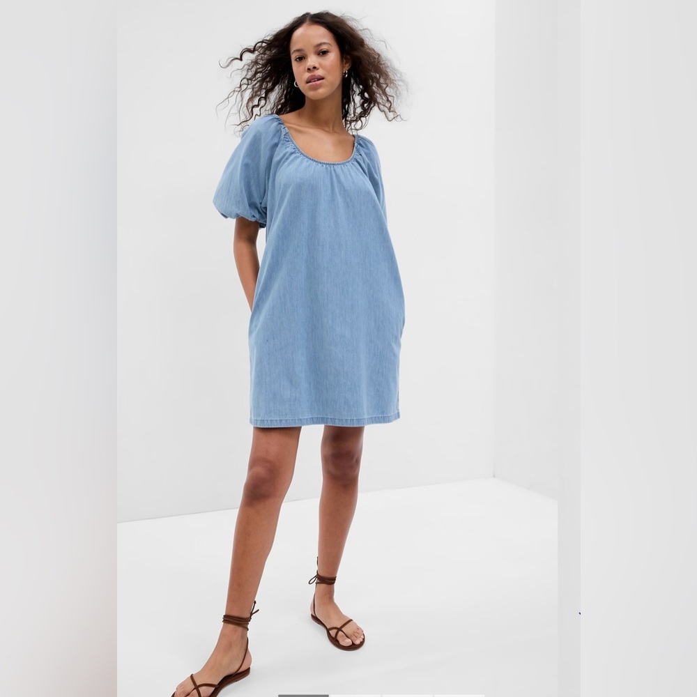 NWT Gap 100% Organic Cotton Denim Puff Sleeve Mini Dress with Washwell